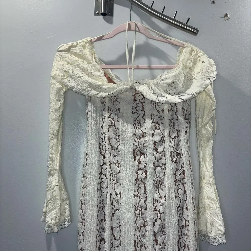 NWT Angel Lane Georgette Ivory Lace Maxi Dress - Size Large- Bridal Dress - Picture 6 of 15